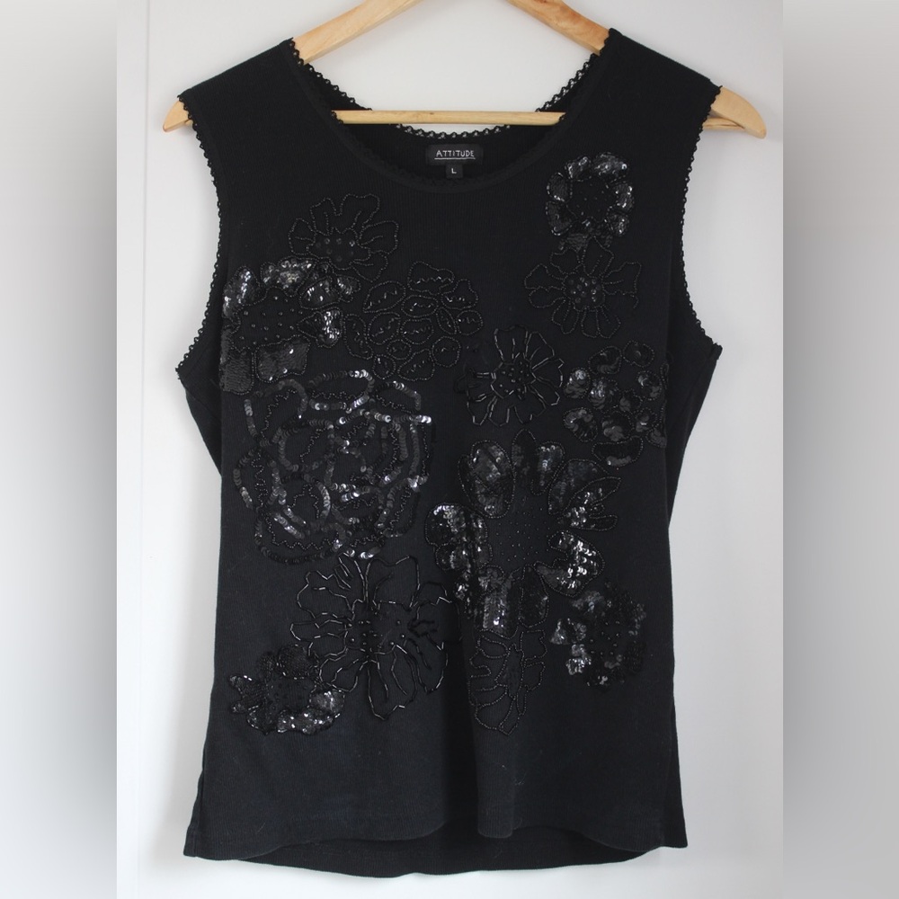 Black Sleeveless Top with Floral Embellishments